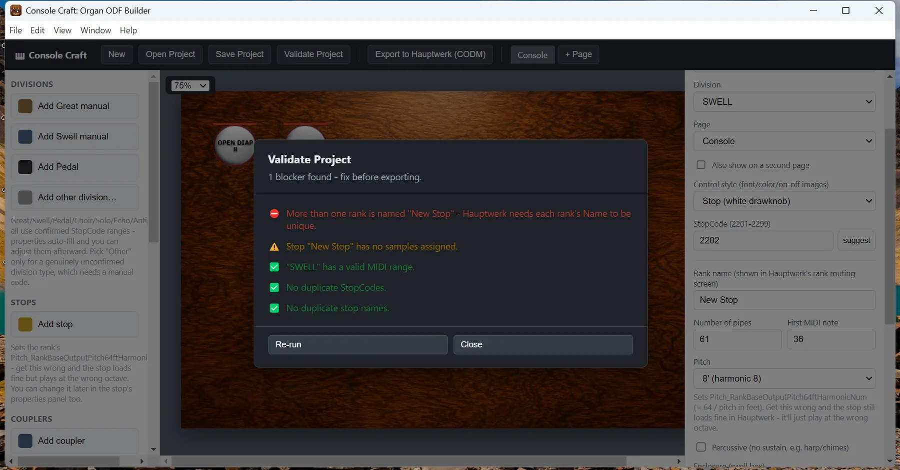 Project validation diagnostics screen